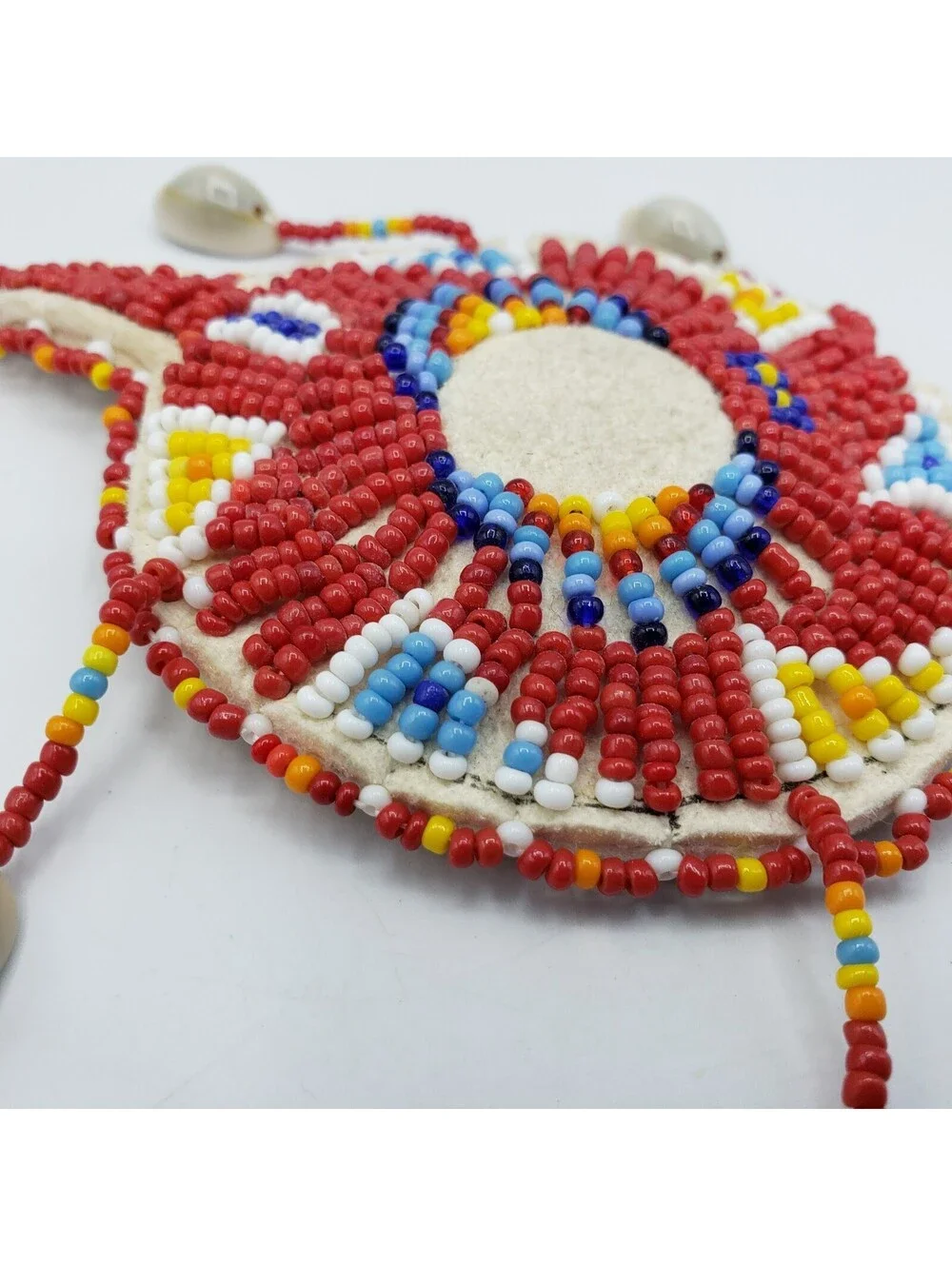 Native American Seed Bead Turtle Fetish Cowrie Shells Leather Red White Blue